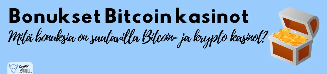 Kultakolikoilla täytetty aarrearkku ja otsikko ”Bonukset Bitcoin kasinot”