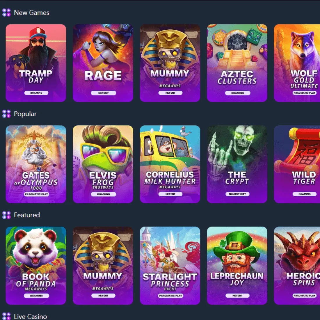 Uusia, suosittuja ja esiteltyjä kolikkopelejä crypto-games.io -kasinolla, kuten Tramp Day, Gates of Olympus ja Book of Panda.