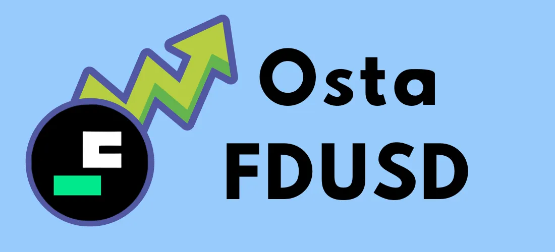 Osta FDUSD -kuvake, jossa on FDUSD-logo mustassa ympyrässä ja vihreä nuoli osoittamassa ylöspäin sinisellä taustalla