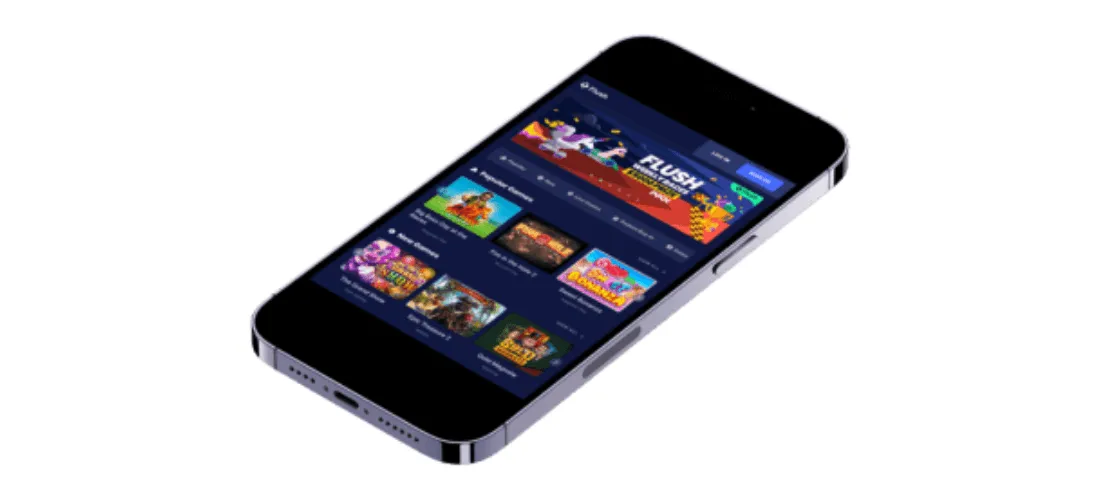 Flush Casinon mobiilisivusto iPhonessa, näkyvissä pelit ja kampanjabanneri.