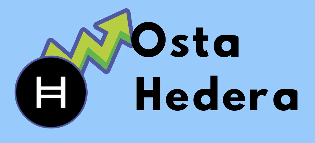 Hedera-logo mustalla taustalla ja teksti "Osta Hedera" sinisellä taustalla, taustalla vihreä nuoligrafiikka viittaamassa nousuun.