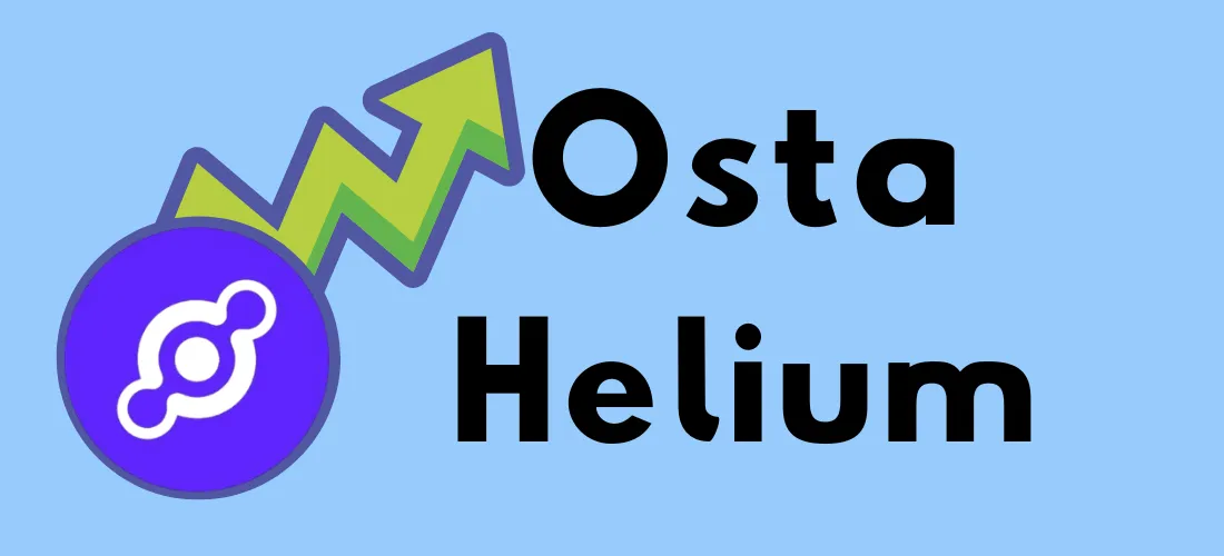 Osta Helium -teksti ja Helium-logon edessä vihreä nouseva nuoli sinisellä taustalla