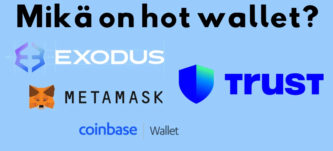 Kuumalompakot Exodus, MetaMask, Trust Wallet ja Coinbase Wallet sekä otsikko ”Mikä on hot wallet?”