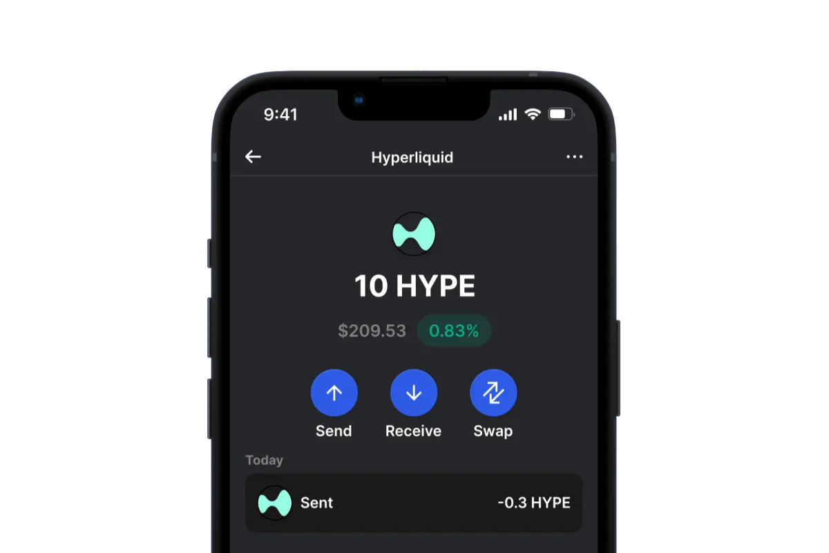 Kännykän ruudulla teksti 10 HYPE, sekä toiminnot kuten send, receive ja swap, kyseessä hyperliquid-sovellus