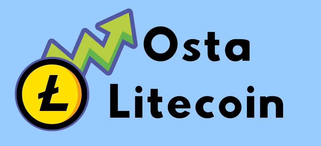 Litecoin-logo ja vihreä nouseva nuoli vaaleansinisellä taustalla, teksti "Osta Litecoin".