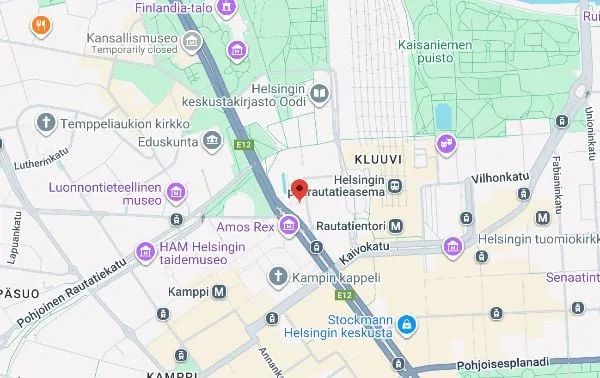 Kartta Helsingin keskustasta, Mannerheiminaukio 1 merkittynä punaisella nastalla