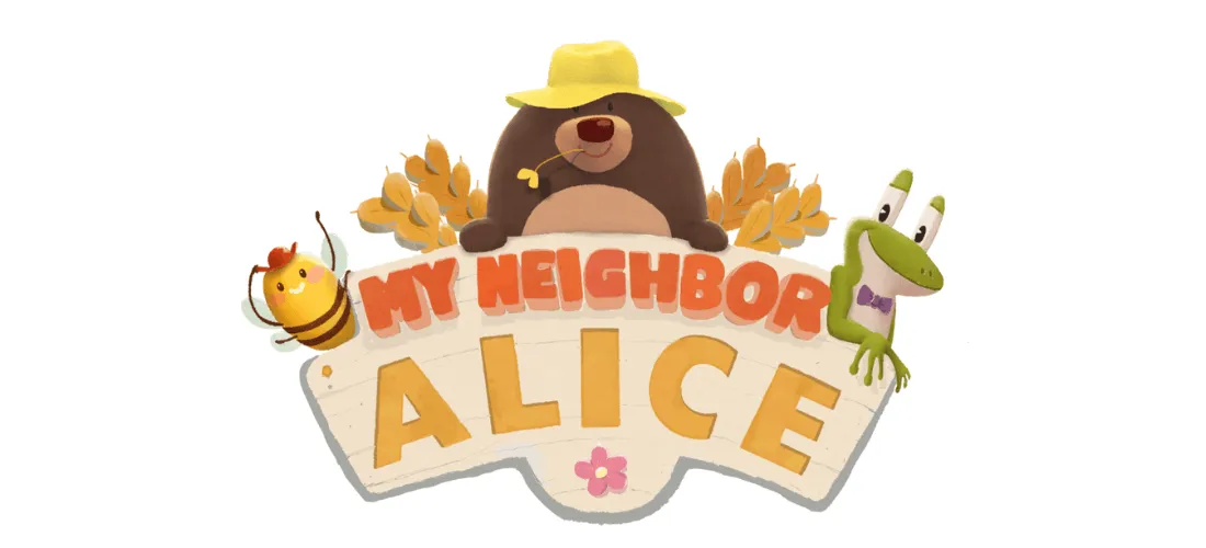 My Neighbor Alice -logo, jossa hahmoina karhu, mehiläinen ja sammakko.