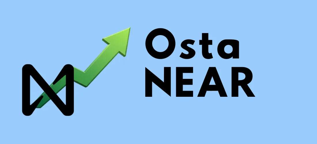 NEAR-kolikon logo, vihreä nouseva nuoli ja teksti ”Osta NEAR” sinisellä taustalla
