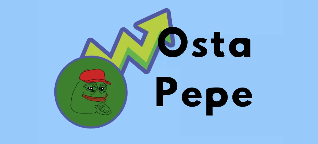Pepe-memi, jossa Pepe the Frog -hahmo punaisessa lippiksessä, vieressä nouseva vihreä nuoli ja teksti "Osta Pepe" sinisellä taustalla.
