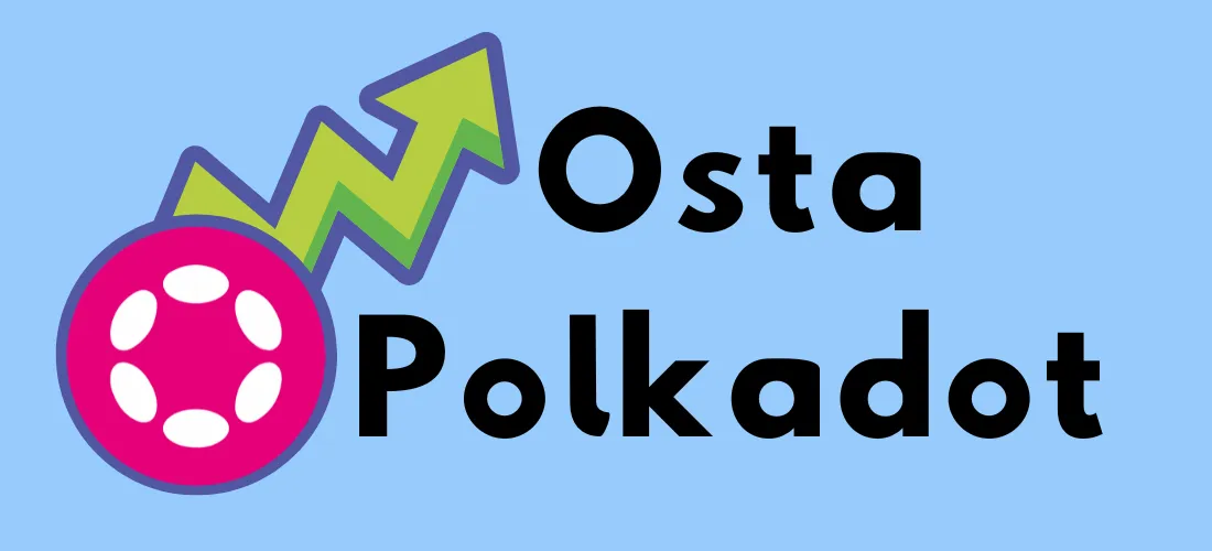 Osta Polkadot -grafiikka, jossa näkyy Polkadotin pinkki logo ja vihreä nousunuoli vaaleansinisellä taustalla.