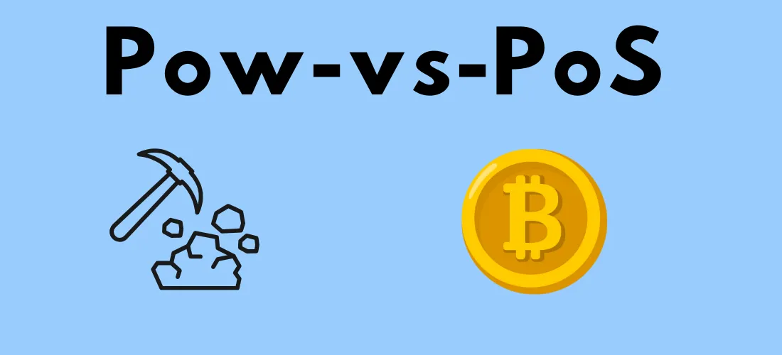 Teksti ”PoW vs PoS”, jonka alla hakku, louhittava kivi ja Bitcoinin logo