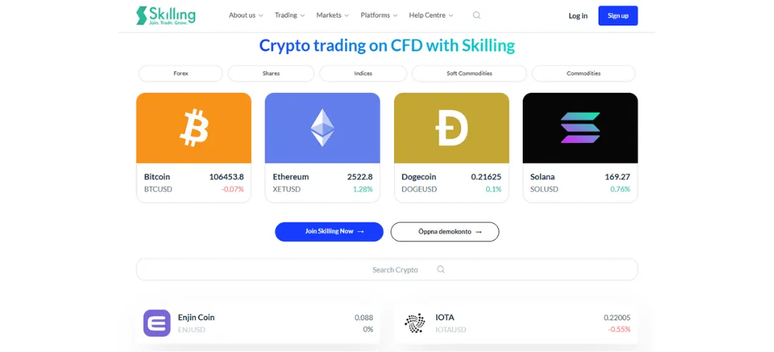 Skillingin verkkosivun näkymä, jossa näkyvät Bitcoin, Ethereum, Dogecoin ja Solana kaupankäyntinäyttö