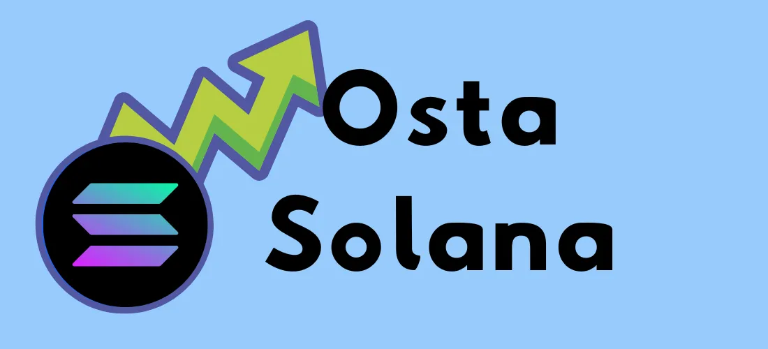 Osta Solana -grafiikka, jossa näkyy Solanan logo ja vihreä nousunuoli vaaleansinisellä taustalla.