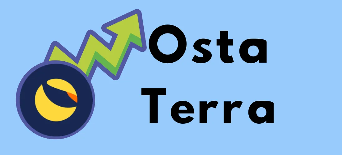 Osta Terra -teksti ja Terran logo nousevan vihreän nuolen kanssa sinisellä taustalla